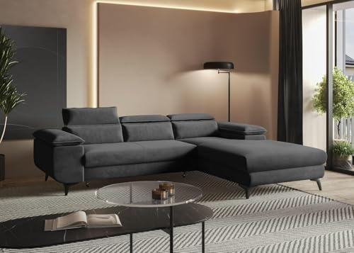 MODERNO Ecksofa mit Schlaffunktion Flat - Modern Sofa 3 Sitzen mit klappbare Kopfstützen - Schlafcouch L-Form mit Metallfüße 205x276x94 cm - Ecke Rechts Dunkelgrau