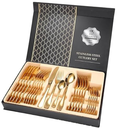 Juego de cubiertos dorados de acero inoxidable para 6 personas – Juego de 24 cubiertos de color elegante que incluye cuchillos, tenedores, cucharas y cucharaditas, ideal para uso diario y ocasiones