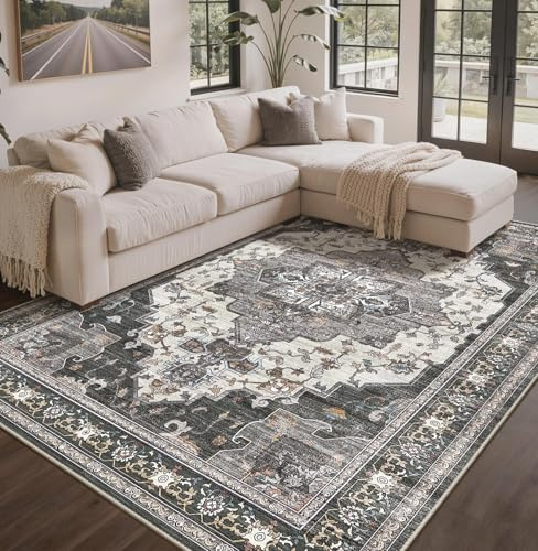 GENIMO - Tappeto Vintage 160x230cm - Antiscivolo, Facile da Pulire, Con Pelo Corto - Per Soggiorno, Camera da Letto - Grigio Scuro