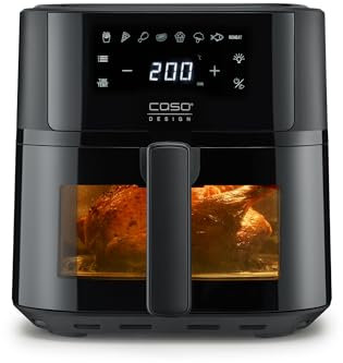 CASO Design Freidora de aire sin aceite AirFry 6.0 con doble compartimento de 6 L, 8 programas, SHAKE-Reminder, Temperatura y Tiempo Regulables, pantalla LED, lavavajillas, 1700W