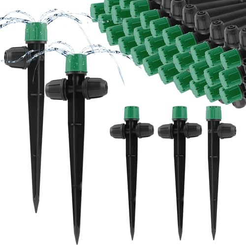 Kalolary - 35 emisores de riego por goteo de doble cabeza, piezas de rociador de riego por goteo bloqueado para tubos de 1/4 pulgadas, gotero de flujo de agua ajustable de 360 grados con 8 agujeros