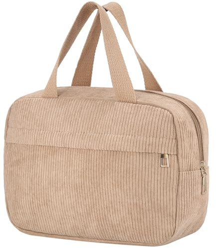 Huiguli Trousse de Toilette en Velours Côtelé, Trousse de Maquillage Femme | Cosmétiques à Glissière Portable avec Poignée pour Femme Fille, Sac Cosmétique de Voyage Kaki