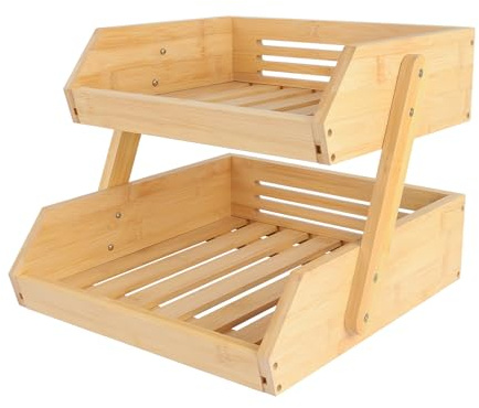 OHMG Corbeille a Fruit,2 Etages Panier a Fruit de Cuisine avec Couvercle en Bois Panier a Fruits Empilable Montable au Mur,Rangement Fruits Légumes (Bambou-2 Niveaux, 25 * 30 * 26.5cm)