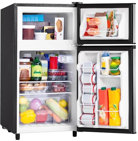 Manastin 3.5 Cu.Ft 2 Door Mini Fridge with Freezer, Small Refrigerator, 7 Level Adjustable Thermostat, Compact Fridge for Living Room, Dorm, Office, Kitchen and Apartment (Silver)