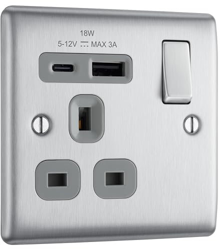 BG Electrical 18W Single Switched Power Plug Wall Socket with Type A USB and Type C USB Charging Ports, Fast Charge, Round Edges, Nexus Metal, Brushed Steel, Grey Inserts, 13A, NBS21UAC18G