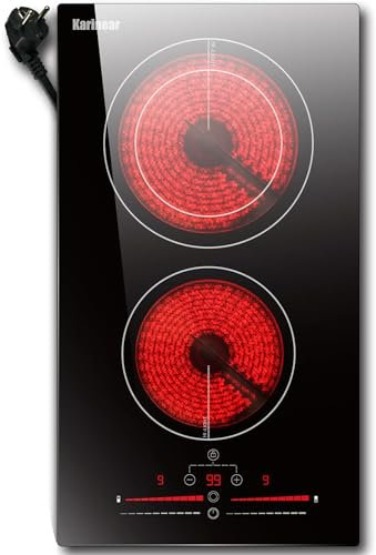 Karinear Plaque de cuisson vitrocéramique, 2 plaques avec prise, plaque de cuisson en céramique 2 zones, encastrable, 2 plaques de cuisson avec commande tactile, zone de cuisson à double anneau