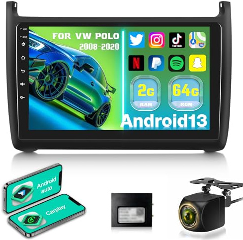 Car Radio for VW Volkswagen Polo 2008-2020 with Carplay & Android Auto | 2G+64G Android 9 inch Touchscreen Car Stereo with WIF IWireless Carplay /GPS/FM RDS/Bluetooth+AHD Rear View Camera