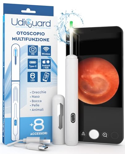 Otoscopio Limpiador de Oídos con Cámara 3,6mm 1920p WiFi Endoscopio de Oídos - UdiGuard Limpieza Cera Oídos Digital 6 Luces LED Adultos Niños Mascotas - Compatible con iPhone iPad y Android Blanco