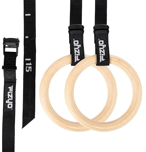 Fizyo Turnringe Gymnastikringe aus Holz mit verstellbaren Streifen – Stabiler Holzgriff für Heimtraining, Fitnessstudio und Bodyweight-Übungen – Inklusive Transportbezug