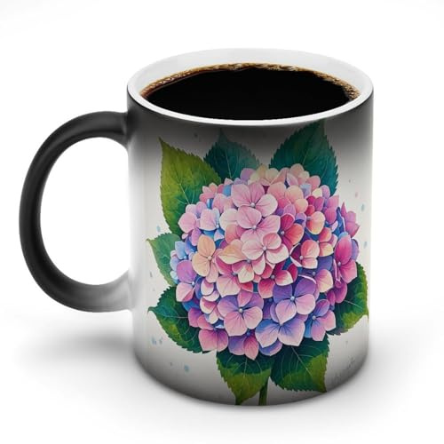 KLWQR 11oz Coffee Mug Ceramic Color Changing Coffee Mug Sensitive Magic Watercolor Hydrangea Coffee Cup Tea Cup for Women Men