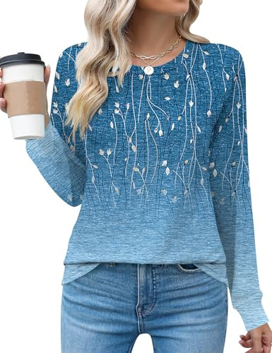 Rapbin Women's Casual Crew Neck T-Shirts Loose Long Sleeve Pleated Summer Tops Tunic Blouses