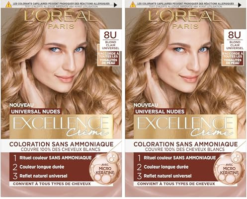L’ORÉAL PARIS - Coloration Cheveux Cheveux Permanente - Sans Ammoniaque - Couvre 100% des Cheveux Blancs - Excellence Crème Universal Nudes - Nuance : Blond Clair Universel (8) (Lot de 2)