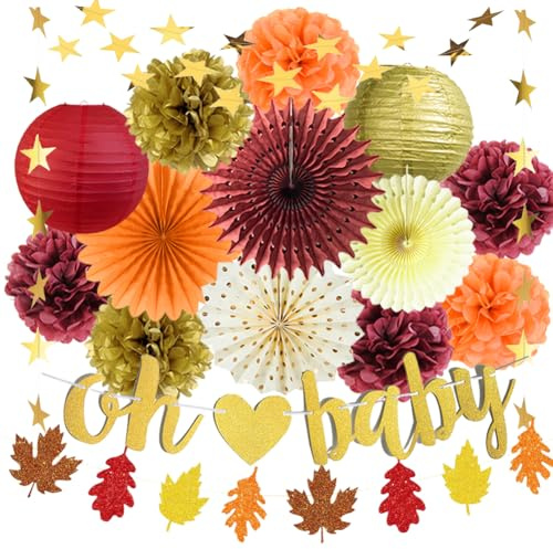 Babyparty Deko Herbst Party Deko Geburtstags Herbst Orange Rot Seidenpapier Pompons Papierfächer Papierlaternen für Mädchen Junge Herbst Baby Shower Party Deko