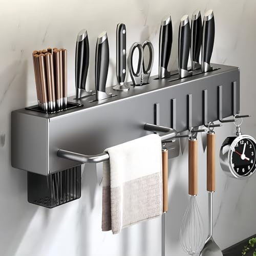 Melairy Soporte para cuchillos de cocina organizador de utensilios de pared con ranura para tijeras fácil de limpiar ahorra espacio con 4 Ganchos deslizantes (40 cm)