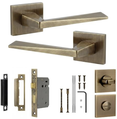 Decoranddecor Antique Brass Door Handles Internal Door Handles Bath Lock | CE marked, 44 mm backset lock, thumb turn, Bathroom Door Handles with Lock, fits 35-45 mm doors, Leda Range