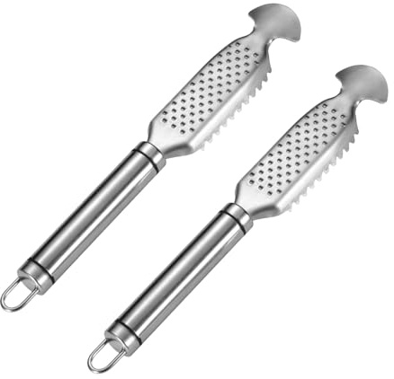 NUOBESTY Raschietto per Pesci in Acciaio Inox 2 Pezzi Squamatore Professionale Impugnatura Ergonomica Utensile per Rimozione Squame e Pulizia Frutti di Mare in Cucina e All’Aperto