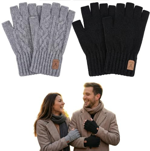 LEOUEANR 2 pares de guantes sin dedos, térmicos de invierno, suaves, elásticos, para hombres y mujeres, ajuste cómodo, guantes de medio dedo para correr, ciclismo, al aire libre (negro y gris claro)