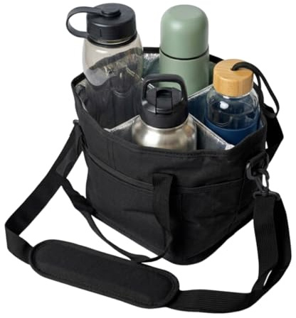 Insulated Drink Carrier Bag for 4 Cups, Water Bottle Holder with Handle & Strap, Drink Caddy Tote with Adjustable Divider, Reusable 4 Drink Carrier for Coffee, Travel, Sports & Family Outings (Black)