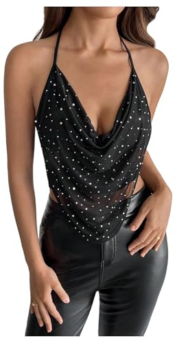GORGLITTER Women's Sequin Tops Halter Neck Crop Sparkly Sexy Backless Top | Festival, Low Cut, Open Back, Summer, Going Out, Party, Clubbing, Date Night Outfits