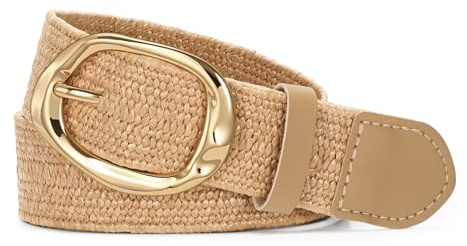 SUOSDEY Damen Gewebter Strohgürtel, Boho Stretchgürtel für Kleider und Hosen mit Goldener Schnalle