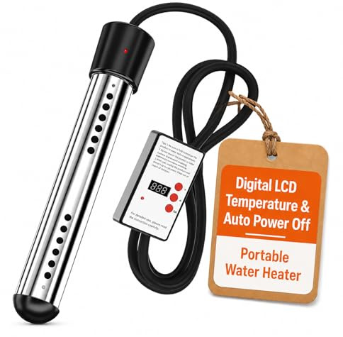 Portable Water Heater, Electric Immersion Heater, Digital LCD Temperature & Auto Power Off, Stainless Steel Safety Guard, for Home Camping Bath Pool Outdoor
