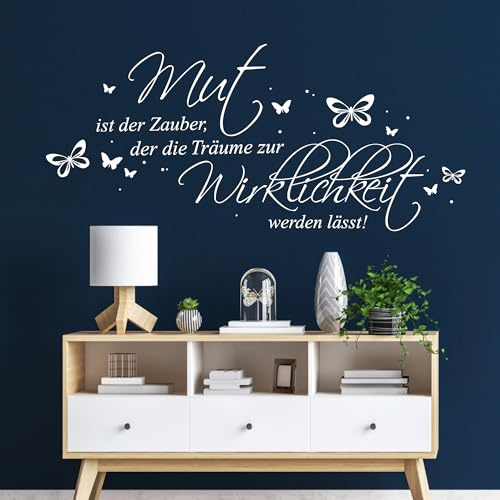 Wandtattoo Loft Mut ist der Zauber, der die Träume zur Wirklichkeit werden lässt! Wandtattoo Sprüche – 30 Farben & 3 Größen – selbstklebender Schriftzug mit Schmetterling, Wandtattoo Schlafzimmer