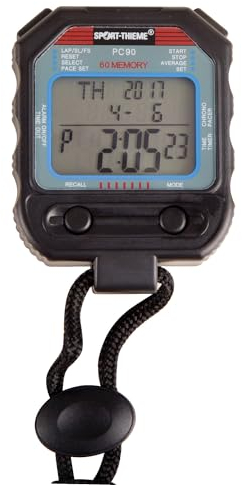 Sport-Thieme Stoppuhr Delta | EIN-/Ausschalten des Bildschirms zum Schonen der Batterie | Durchschnittsgeschwindigkeit | Spritzwassergeschützt | Inkl. Batterie und Umhängekordel