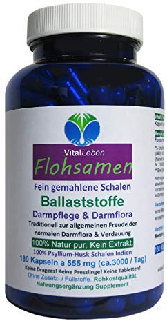 FLOHSAMEN Premium feine Flohsamenschalen INDIEN 180 Psyllium Ballaststoff Kapseln. Diät + Darmflora + Verdauung + Sattmacher NATUR pur. 26610-180