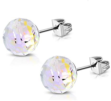 BlackAmazement 2er Set Ohrstecker Ohrringe Kugel Ball Facetiert Kristallperle Diskokugel Silber klar blau rosa türkis klar Regenbogen Damen