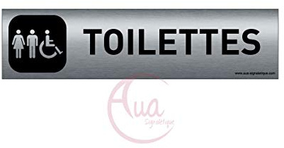 AUA SIGNALETIQUE - Plaque Aluminium brossé imprimé AluSign DARK - 200x50 mm - Double Face adhésif au dos (Toilettes mixtes)