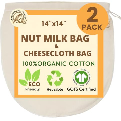 XXL 14x14 Nut Milk Bag - 100% Organic Unbleached Cotton Easy To Clean Nut Milk Strainer/Cheesecloth Bags, Reusable for Straining Oat Milk, Almond Milk, Cheese making, Celery Juice
