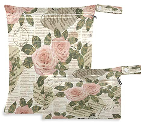 COZYhome Feucht- und Trockentaschen für Wickeltasche, Vintage, Zeitung, Blumenmuster, Rose, Stoffwindel, wasserdicht, waschbar, Organizer mit Tasche für Reisen, Camping, Strand