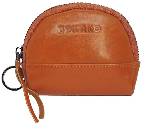 Münzen Geldbörse aus echtes Leder, Kleingeldbörse, geeignet für Münzen, Reißverschluss, mit Schlüsselanhänger (Hellbraun)