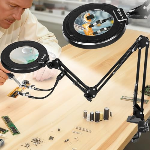 KUVRS 30X 12X Magnifying Glass with Light and Clamp, Real Glass Lighted Magnifier with Stand, 5 Color Modes Stepless Dimmable Hands Free LED Desk Lamp for Crafts Hobby Reading Painting Close Work