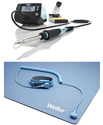 Weller WE 1010 (T0053298699) 70 W/230 V Digital 1-Kanal-Lötstation und Antistatische ESD Premium Tisch-Lötmatten Set, 900 x 600 mm, Blau