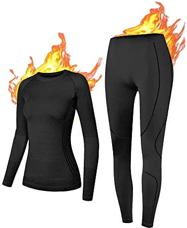 NOOYME Thermounterwäsche Damen Funktionsunterwäsche Warm & Atmungsaktiv Funktionswäsche Thermo Unterwäsche Skiunterwäsche für Winter Sport, Extrawarm Schwarz S