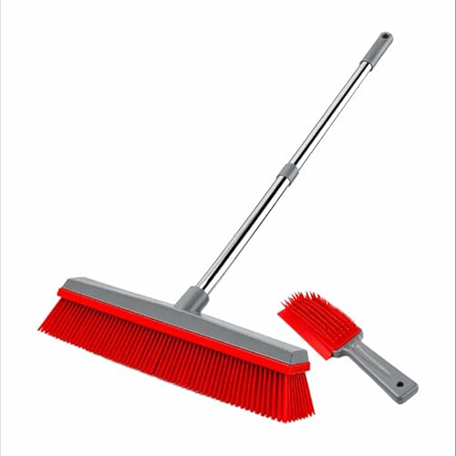 UR CHOICE Rubber Broom Pet Hair Remover Set, Extendable Long Handle Carpet Rake with Squeegee Edge and Rubber Hand Brush, Fur Remover for Carpets Rugs Hard Floors Windows and Car, Grey Red