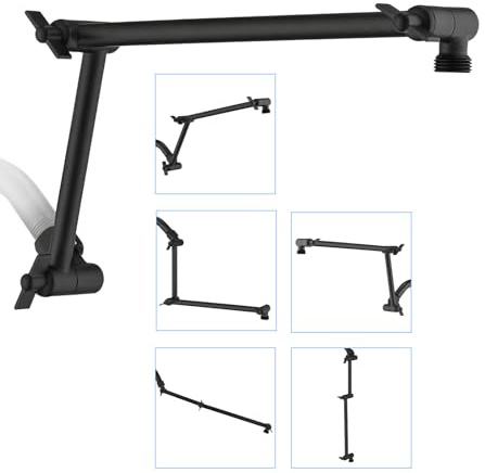 PDPBath Bras d'extension de pommeau de douche en laiton de 40,6 cm, flexible en hauteur et angle réglables avec joints de verrouillage, pour pommeau de douche fixe et pommeau de douche, noir mat