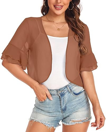 Damen-Strickjacke, Chiffon, vorne offen, kurzärmelig, Bolero für den Abend, Karamellfarben / Braun, Klein