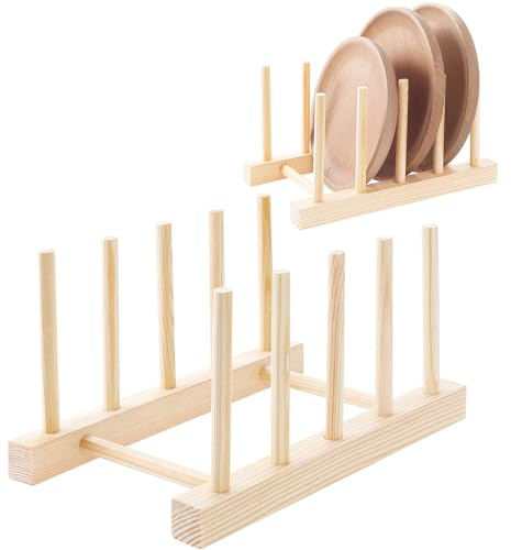 UNINGYI 2 Stück Tellerständer Holz, Tellerhalter Abtropfgestell, Schneidebrett Halter Geschirrständer Deckelhalter für Vorratsschüssel Geschirr Tassen Schneidebrett CD Buch (4 Steckplätze)
