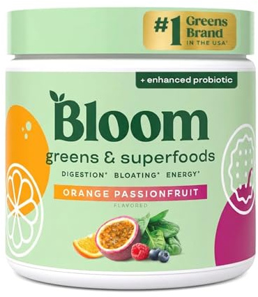 Bloom Nutrition Superfood Greens Powder, Digestive Enzymes with Probiotics and Prebiotics, Gut Health, Bloating Relief for Women, Chlorella, Juice Mix w/Beet Root Powder, 30 SVG, Orange Passionfruit