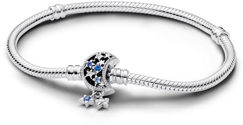 PANDORA Bracciale in maglia snake Moments in maglia snake in argento Sterling con chiusura a luna con cristallo blu stellare e zirconi cubici trasparenti, 17