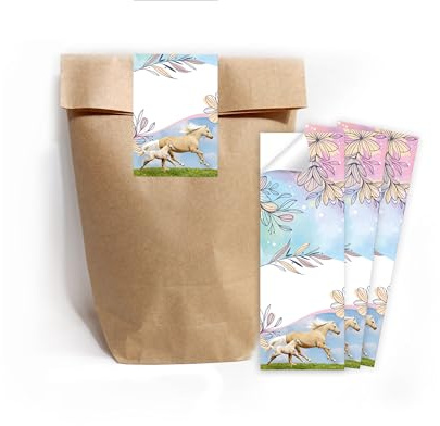 Minkocards 12 Geschenktüten (Natur) + 12 Aufkleber Pferd mit Fohlen Geschenktüten für Mitgebsel Gastgeschenk einpacken beim Kindergeburtstag Mädchengeburtstag