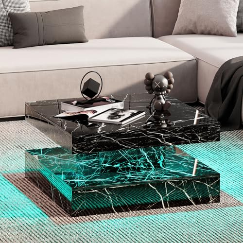 KEEPREAPER Couchtisch Wohnzimmertisch Matt, Sofatisch mit LED Beleuchtung modern für Wohnzimmer, 78 x 78 x 40 cm (Schwarz marmor)