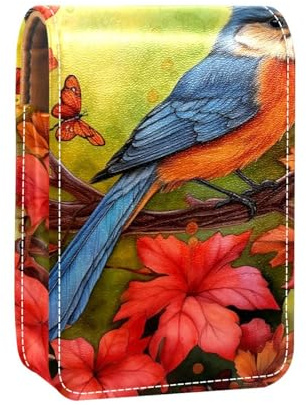 Étui à Rouge à lèvres,Organisateur de Rouge à lèvres en Cuir avec Miroir,Oiseaux de Fleurs Oiseau d'automne