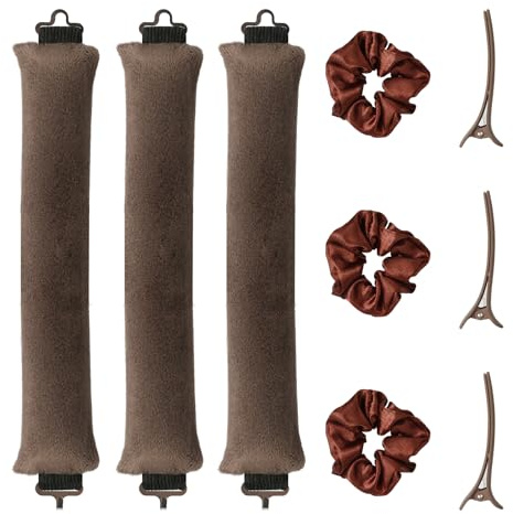 Heatless Curling Rod Set, 3 Pcs Brown Overnight Hair Curler for Women | Soft Fabric Helps Create Waves While You Sleep, Includes Bands and Pins for Secure Diy Styling on Long to Medium Lengths