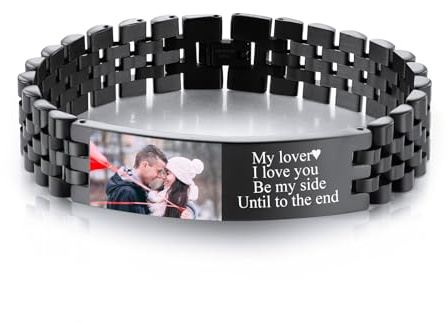 INBLUE Personalisiertes Armband für Papa Männer Gravierte Namen Text Foto Herren Gliederarmband Geschenk zum Vater Ehemann Opa Sohn Freund (B: Schwarz - Farbfoto & Text)
