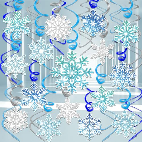 HOWAF Snowflake Decoration Hanging Swirls, 30pcs Snowflake Silver Blue Foil Ceiling Christmas Ceiling Decorations Indoor for Xmas Frozen Christmas Decorations New Year Party Supplies