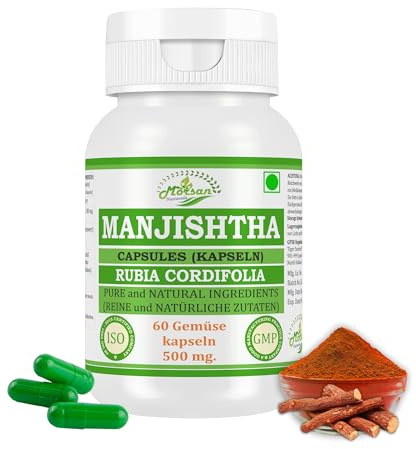 Manjishtha-Kapsel 500 mg. 60 Veganer. Einheiten | Manjith (Rubia Cordifolia) Extrakt-Kapseln für Männer und Frauen | Ayurvedische Kräuterergänzung/Heilmittel | 10:1 Stärke (1 Flasche mit 60 Kapseln)
