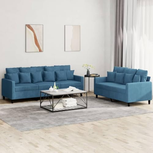 Homgoday 2-TLG. Sofagarnitur mit Kissen Wohnzimmersofa Loungesofa Sofa Couch Couchgarnitur Gästesofa Moderner Doppelsofa Sitzmöbel für Wohnzimmer Schlafzimmer Büro Blau Samt